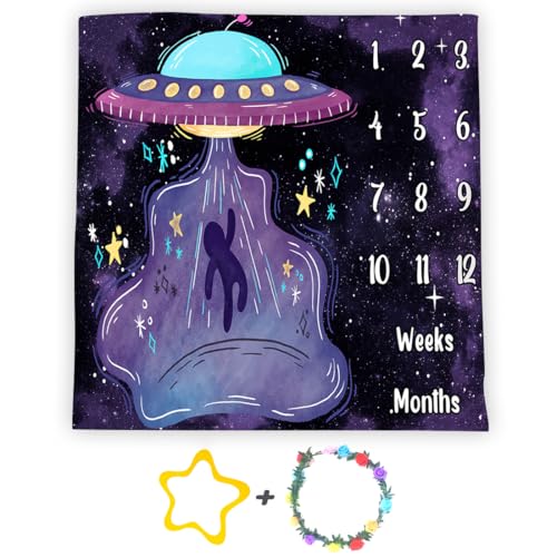 Image of UFO Baby Monthly Milestone Blanket, 48x48in Soft Flannel, Alien Round Spaceship, Newborn Mom Gifts, Baby Shower Age Growth Tracker with Bonus Maker (Purple, 48x48in)