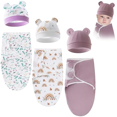 3 Sets Swaddle Sleep Sack With Hat Set, Soft Swaddling Blankets for Baby 0-3 Months