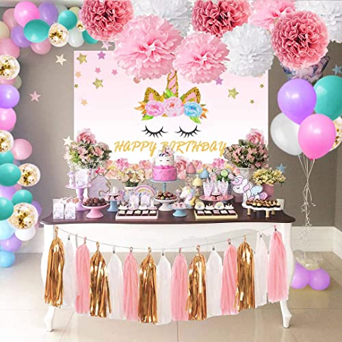 Pink Rose Gold Birthday Party Decoration - Shiny Rose Gold Happy Birthday Banner, Tissue Pommel Flower, Round Dot Wreath And Paper Tassel Wreath Are Used For Birthday Decoration (Integrated Packaging) #TOP6