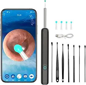 Aparelho de Visualização Auricular com Câmera HD 1080p, 6 LEDs e WiFi – Kit para Limpeza de Ouvido com Ponteiras de Silicone – Compatível com Android e iOS – Bateria Recarregável (Preto)