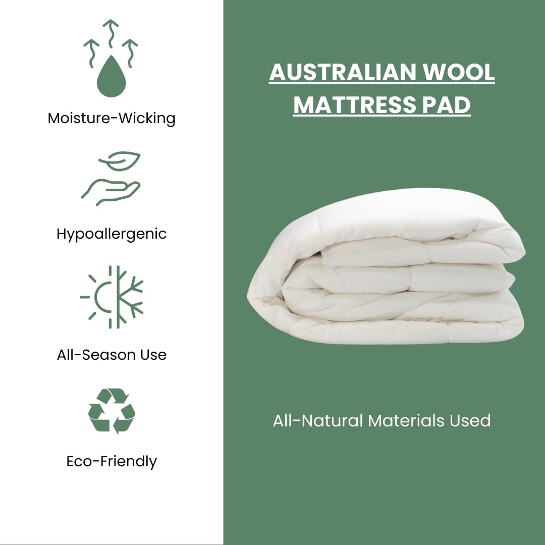 OrganicTextiles 100% Australian Wool Mattress Pad with Organic Cotton Cover (Cal King Size), Moisture Wicking, Luxurious Soft Feel, Baffle Box Stitching, Temperature Regulation, Machine Washable
