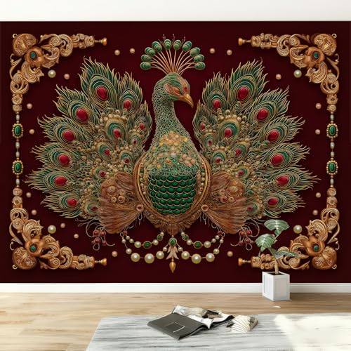 Genérico Rojo Oscuro Papel Pintado Pared Panorámico 300 x 210 cm Borde De Piedras Preciosas De Pavo Real En 3D, decoración de pared Póster Gigante de Pared Personalizado 3D Para Salón Dormitorio