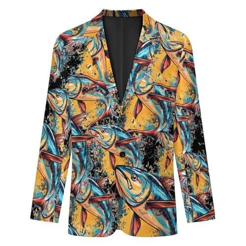 Tuna Fish Watercolor Men's Slim Suit Long-Sleeve Prom Tuxedo Classic Two Button Business Jacket4