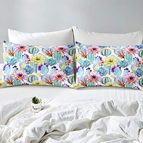 Parure de lit cactus et fleurs avec drap-housse pour matelas simple