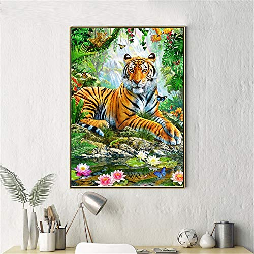 Kit broderie diamant 5D tigre du lotus 70x90cm avec strass ronds pour déco salon - 3