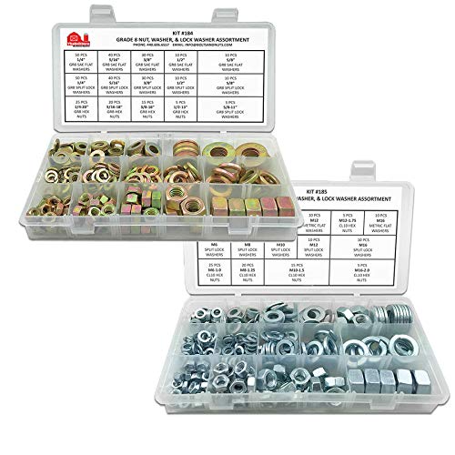2 Assortments - Inch & Metric Grade 8 & 10.9 Hex Nuts, SAE Flat & Split Lock Washers - 702PCS!