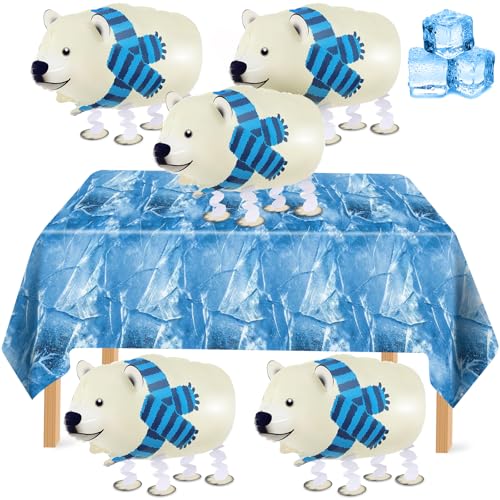 VioraWhite 6pcs Polar Bear Birthday Party Decorations Supplies Includes White Arctic Walking Polar Bear Balloons Tablecloth Inflatable Balloons