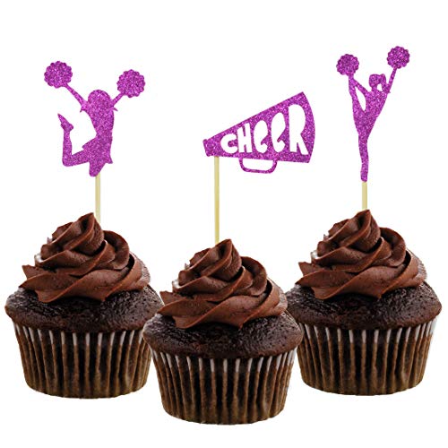 Morndew 24 Pcs Purple Glitter Cheerleader Dance Horn Cupcake Toppers For Sport Party Baby Shower Birthday Party Decorations #TOP23
