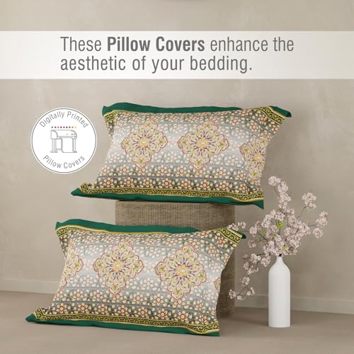 Image of BOUTIQUE LIVING Heritage Walk 100% Egyptian Cotton 200 TC Green Ethnic Print King Bedsheet with 2 Pillow Covers