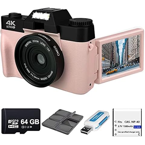 Acuvar 4K 56MP Digital Camera for Photography, Vlogging Camera for YouTube with 3’’ 180° Flip Screen, WiFi, 16X Zoom, Rechargeable Battery, 64GB Micro SD Card, 6 PC Card Holder, USB Card Reader (Pink) Cover