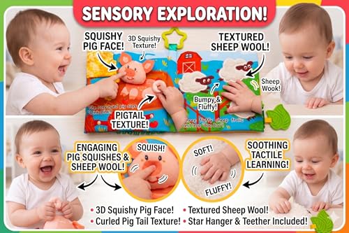 Image of Tinsel Trends Baby Books Farm Animal Soft Cloth Busy Book Gifts for Babies Montessori See Touch Feel Crinkle Stroller Travel Toys for Boy Girl 0-6 6-12 12-18 Months 1 Year Old Toddler