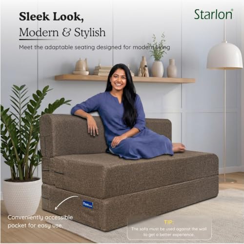 Image of Starlon 2 Seater Sofa Cum Bed Foldable 3-in-1 Sofa Bed with 1 Year Warranty, Washable Jute Fabric Cover & 2 Floral Pillows | Guest Bed | Coffee Brown 4x6 Ft