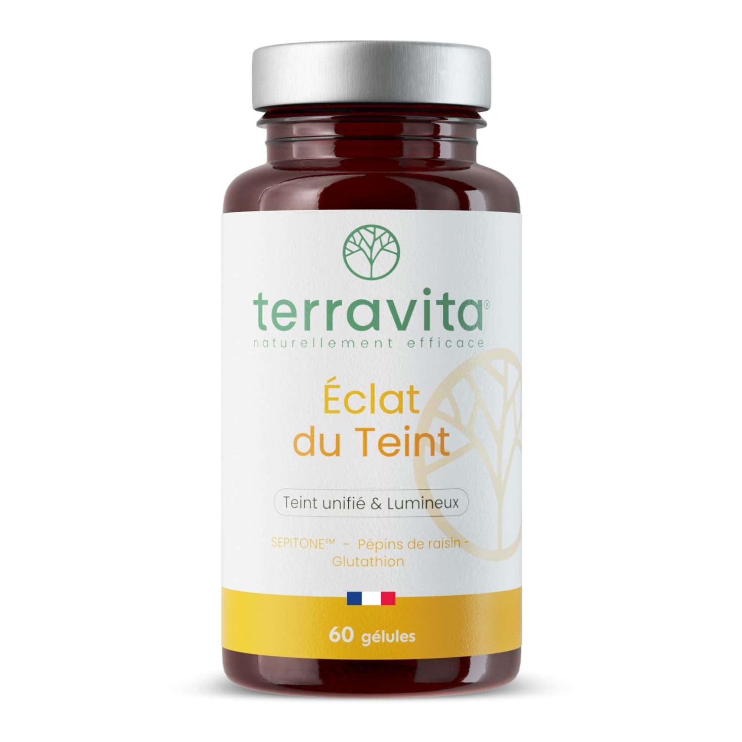 Eclat du Teint | Pépins de Raisin OPC + Extrait de Myrtille SEPITONE + Vitamine C + Glutathion Réduit | Peau Éclatante et Unifiée | Action Antioxydante | 60 Gélules Vegan | Made in France | Terravita