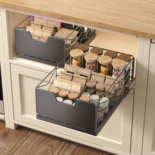 NETEL 2-Pack Pull Out Cabinet Organiser, No Drill Slide Out Drawers for Kitchen Cabinets, Pull out cabinet sliding baske, kitchen storage & organisation, 30cm pull out drawer, Black - Image 5