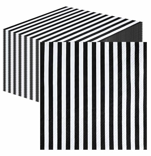 SietDESEO 50 Pieces Black Striped Napkins Disposable 3-Ply Black and White Striped Cocktail Napkins Paper Dinner Napkins for Birthday Baby Shower Wedding Party Beverage Napkin