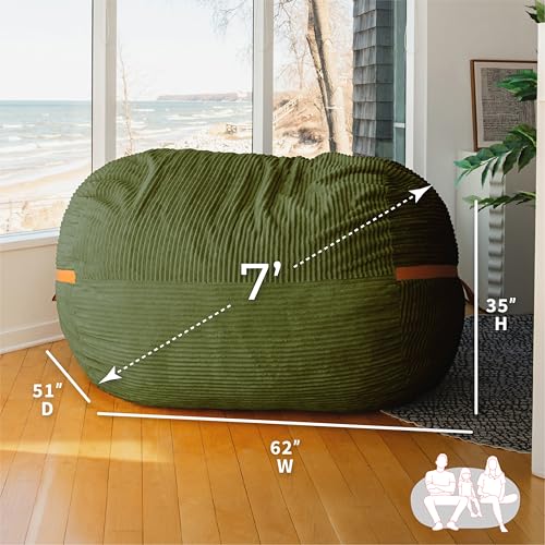 Image of Big Joe Fuf 7Ft Giant Foam Bean Bag Chair, Oversized Couch with Removable Cover for Kids, Teens, Adults, Moss Green Corded Plush, 7 Foot Giant