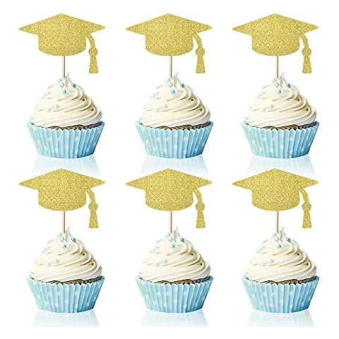 Artczlay 24pcs Graduation Cupcake Topper -24pcs Black Glitter Graduation Hat- Graduation Graduation Party Mini Cake Decorating Supplies (gold) Cover