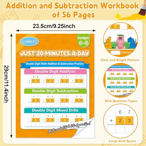 Image of Addition and Subtraction Workbook Double Digit Math Problem Workbook for 1st Grade 2nd Grade 3rd Graders, Addition&Subtraction Worksheets for Ages 5-9, Math Repetition Exercise Daily, 56 Pages