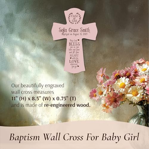 Image of LifeSong Milestones Pink Wooden Wall Cross: Family Celebrations Baptism, Christening, and First Communion - Religious Keepsake for Baby Girls - Baptism Gifts, Favors, and Decorations Pink 8.5x1