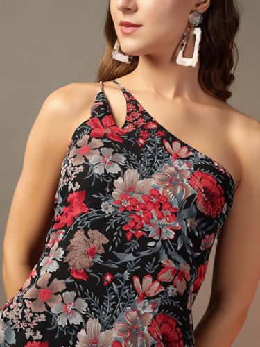 Image of Trend Arrest.ed Women's Floral One-Shoulder Cocktail Dress | Asymmetrical Hem with Lining | Adjustable & Removable Pads | Elegant Fit for Party, Wedding & Special Occasions