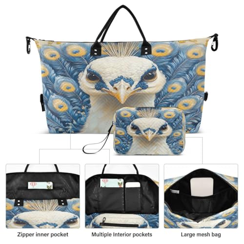 White Peacock Blue Feather Travel Duffle Bag Gym Bag Weekender Bags with Toiletry Bag Travel Trip Tote Bag2
