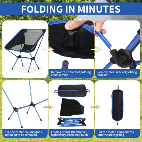 Silla de Camping Ultraligera Plegable Veathzet con Malla de Nylon Transpirable, Diseño Compacto y Bolsa de Transporte Negro y Azul miniatura 6