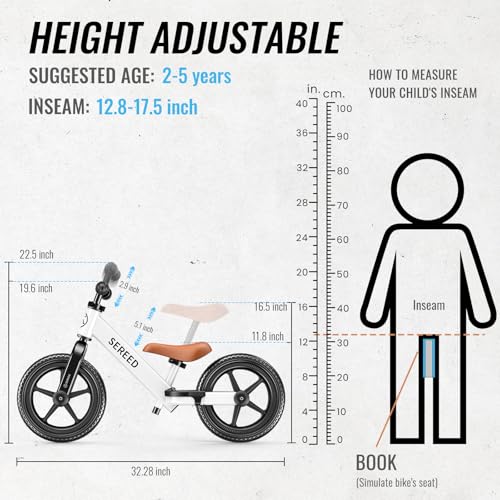 Image of SEREED Toddler Balance Bike 2 Year Old, No Pedal Kids Bicycle Toys for 2-5 Years Old, Tool-Free Adjustment, Customize Plate with Stickers, Gift for 2-3 Boys Girls (White)