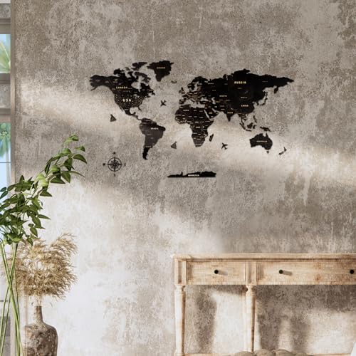 Creawoo Carte du monde de voyage en bois noir pour salon, chambre à coucher, bureau, pour couple, pendaison de crémaillère (100 x 57 cm) – vue 5