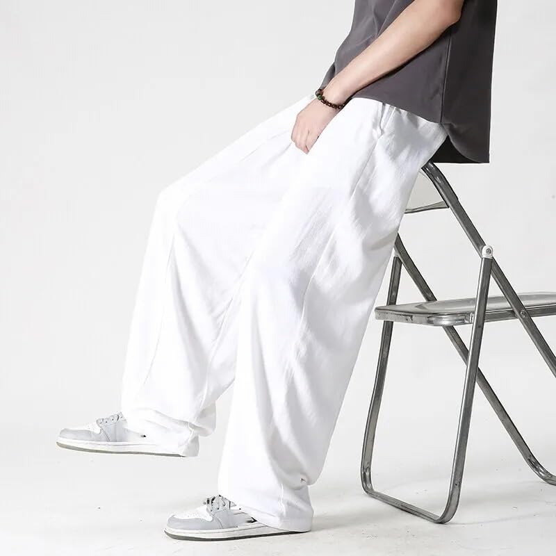 Summer Wide Leg Pants Men's Cotton Linen Loose Pants Men Casual Elastic Waist Trousers2