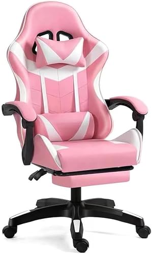 Sulfar Gaming Chair, Reclining High-Back PU Leather Office and Computer Chair with Headrest and Lumbar Support, Adjustable Swivel Racing Desk White and Pink