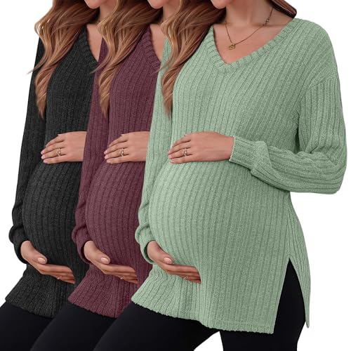 3 Pack Women's Ribbed Maternity Shirts, Long Sleeve V Neck Pregnancy Sweaters with Side Split Pregnant Clothes