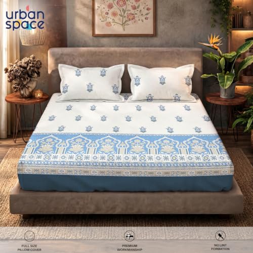 Image of Urban Space Serene 100% Cotton bedsheet for Single Bed, 200 TC Single Bed Sheet, Cotton bedsheet with 1 Pillow Cover (58 x 90 inches, Palace Blue)