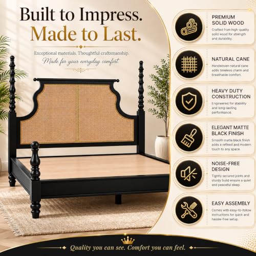 Image of Solid Wood Poster King Size Poster Honeymoon Bed Without Storage with Designer Piller and Cane Crafting for Couple Bedroom (King Size, Walnut Finish, 1 Piece)