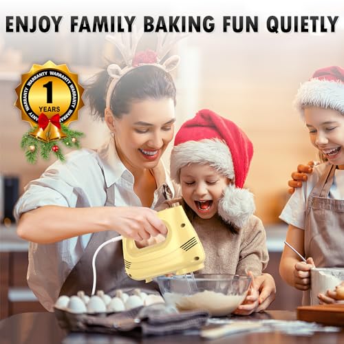 Image of GUALIU Electric Hand Mixer with Stainless Steel Whisk, Dough Hook Attachment and Storage Bag, Handheld Mixer for Baking Cakes, Eggs, Cream Food Mixers. Turbo Boost /5 Speed Kitchen Blender Yellow