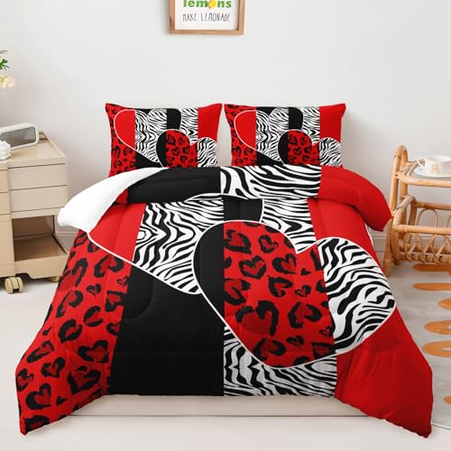 Image of AILONEN Couple Lover Comforter Set Queen Size,Black White Red Romantic Hearts Printed Bedding Set 3 Piece,Modern Bedroom Decor Soft Comforter with 2 Pillowcases