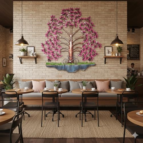 Image of Bharat Art Metal Tree Wall Art with LED Light for Living Room | Handcrafted Iron Tree Wall Hanging Home Decoration for Bedroom, Hall, Office & Entrance | Pesto Tree Pink | 31x2x40 inch | WD056 (A)