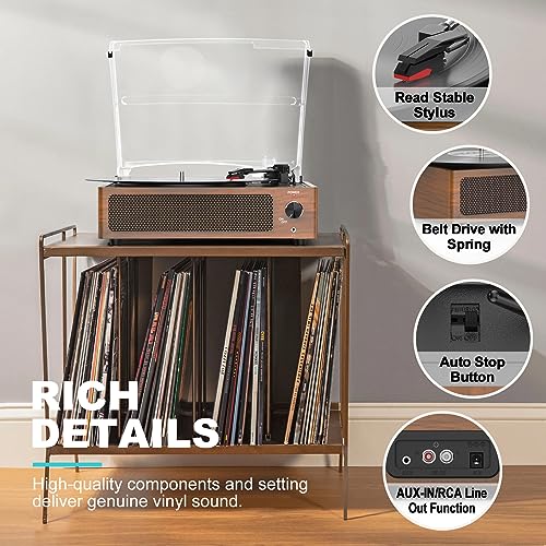 Image of Vintage Record Players for Vinyl with Speakers Belt-Driven Retro Turntable LP Player Support 3-Speed, Bluetooth Playback, AUX-in, Headphone, RCA All-in-one Auto Stop Phonograph Wooden Brown