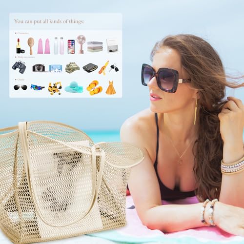 Image of Mesh Beach Tote Bags for Womens, Shoulder Handbag Hobo Pool Bags for Swimming Vacations Summer Essentials