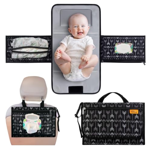 Image of Kopi Baby Portable Diaper Changing Pad, Wipes Pocket, Modern Black Arrows | 22-In Waterproof Pad, Reversible Wipes Pocket, 1 Zipper Pocket, 1 Large Mesh Pocket, Built-In Pillow, Washable, Carry Straps