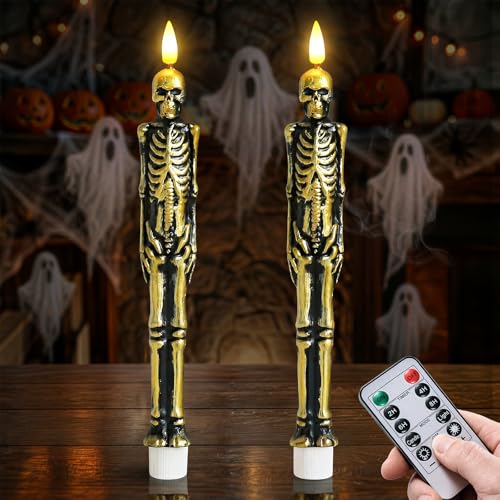 Wroxipel 2 Pack Gold Skull Flameless Spooky Taper Candles with Remote & Timer 0.78 x9.5 Battery Operated LED Candlesticks Real Wax Electric Flickering Light for Halloween Window Indoor Decor
