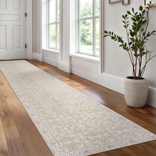 2x12 Cream Beige White Grey Washable Runner Rug for Kitchen, Soft Classic Runner with Non-Slip, Non-Shedding Distressed Floral Rug for Hallways Entryway Bedroom Laundry Indoor