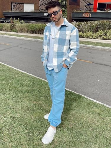 ZAFUL Lässig Kariertes Button Down Hemdjacke Herren Langarm Regular Fit Shacket mit Taschen (1-Hellblau,S)