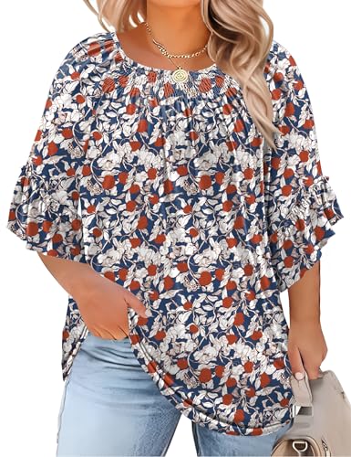 Image of Micoson Womens Plus Size Tops 3 /4 Ruffle Sleeve Crewneck Pleated Shirts