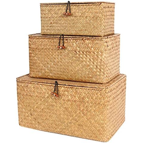 FEILANDUO Set of 3 Shelf Basket with Lid for Home Decor Seagrass Storage Baskets Natural Rattan Woven Rectangular Organizer Box (Set of 3) Cover