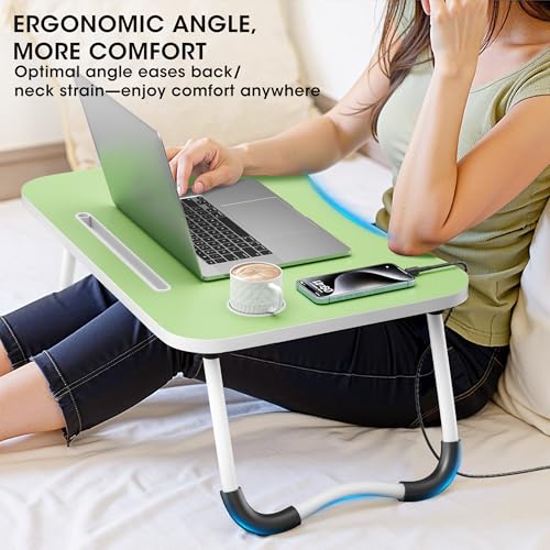 Image of Folding Lap Desk, 23.6 Inch Wood Laptop Bed Desk with Cup Holder, Portable Bed Table for Working Writing Reading & Eating for Bed, Sofa, Couch, Floor - Green