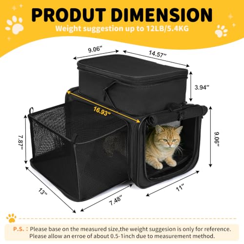 Apollo Walker Cat Carrier Airline Approved Expandable Black | TSA Expandable upper back section, self-locking zipper, supportive base,side storage pockets,multiple carrying options - Image 3