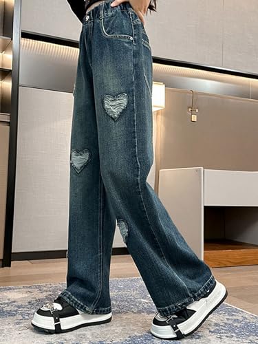 easyforever Kids Girls Elastic Waist Ripped Heart Wide Leg Jeans Casual Denim Trousers Baggy Pants Loose Straight Jeans3