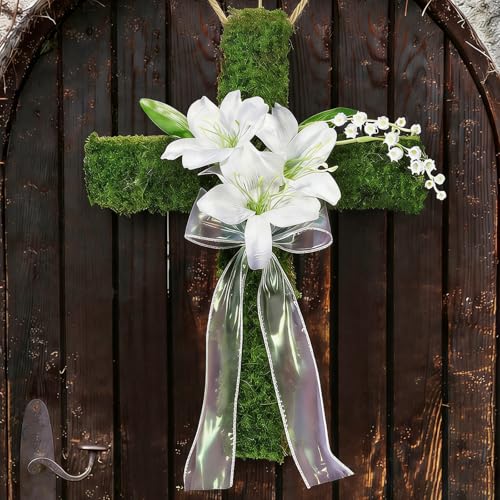 Easter Wreath for Front Door Easter Cross Door Sign Religious He is Risen Hanging Decor Christian Jesus Lily Flowers Wreath Hanger with Ribbon for Spring Holiday Farmhouse Porch Wall Decor White