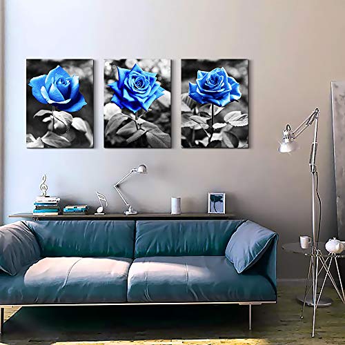 DZRWUBHS Large Wall Art For Living Room Wall Decor For Kitchen Black And White Canvas Prints Pictures Artwork Blue Rose Flowers Wall Paintings Modern Office Bedroom Room Home Decorations 3 Pieces