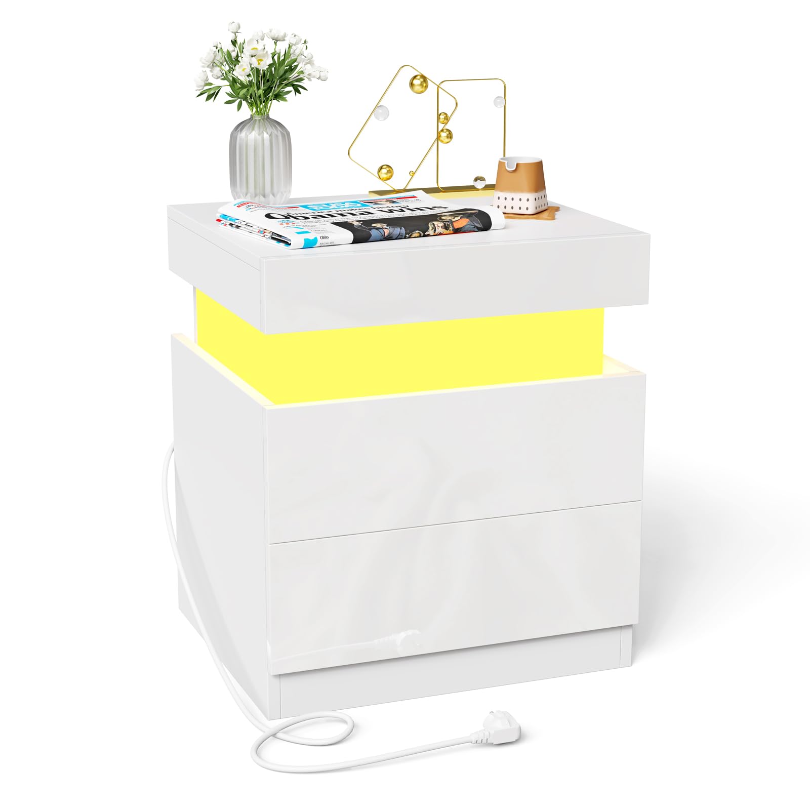 Comodino Camera da Letto con LED, Con Stazione di Ricarica, 2 Cassetti e Armadietti Scorrevoli Nascosti, Comodino Moderno, Per Arredamento Camera da Letto. (Bianco, 45x40x52cm)